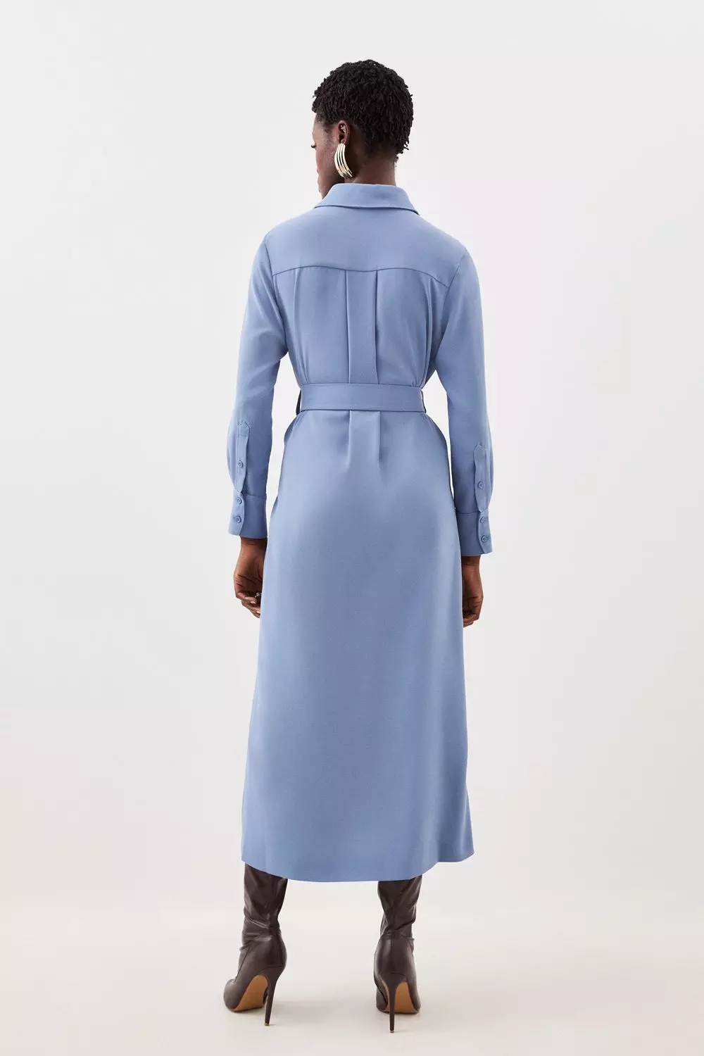 Tailored Crepe Pocket Detail Belted Midi Shirt Dress | Karen